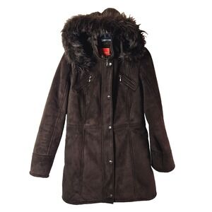 Esprit Women's Brown Winter Coat LARGE Faux Fur Lining Removeable Hood Vtg Y2K